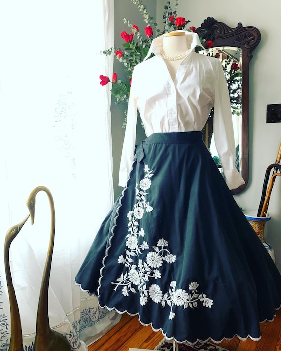 50s Wrap Skirt, 50s Black Circle Skirt, 50s Embroi