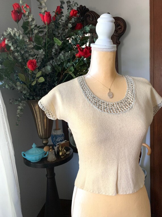 40s Hand Knitted Ivory Sweater, 40s Short Sleeve S