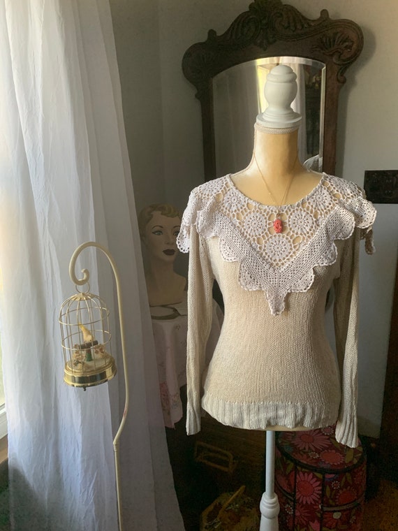 Vintage Cottagecore Sweater, Ivory Crochet Sweate… - image 3