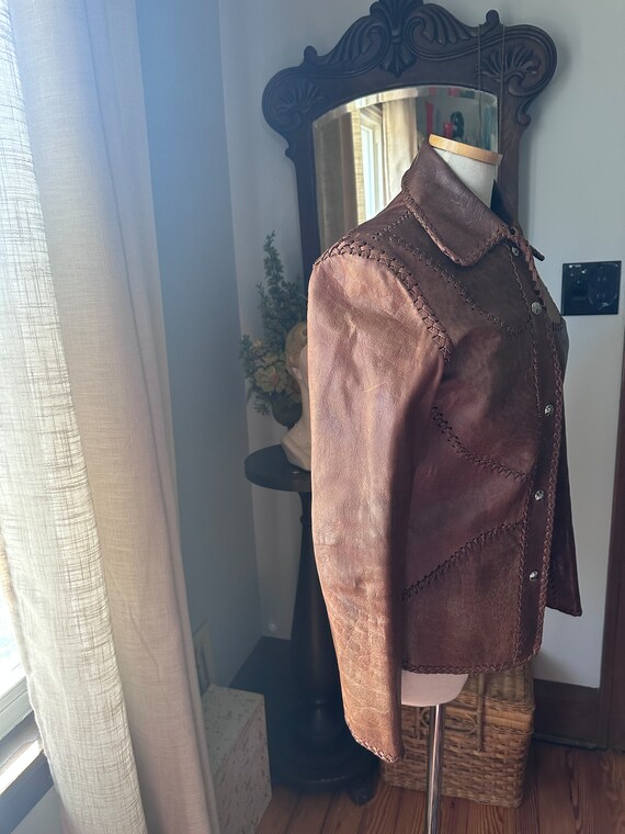 1970s Tan Patchwork Leather Jacket, 70s Brown Lea… - image 10