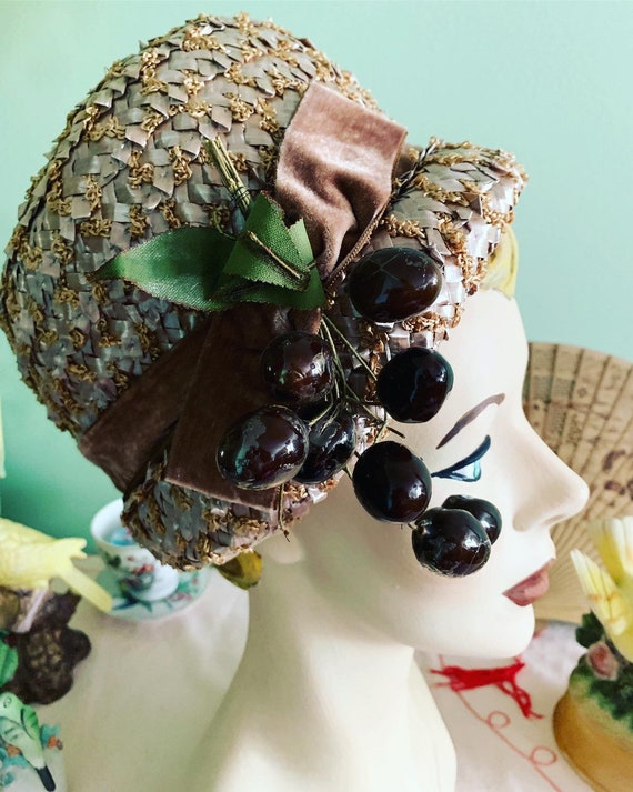 Vintage Raffia Fruit Hat, Lazarus Hat, 50s Straw H