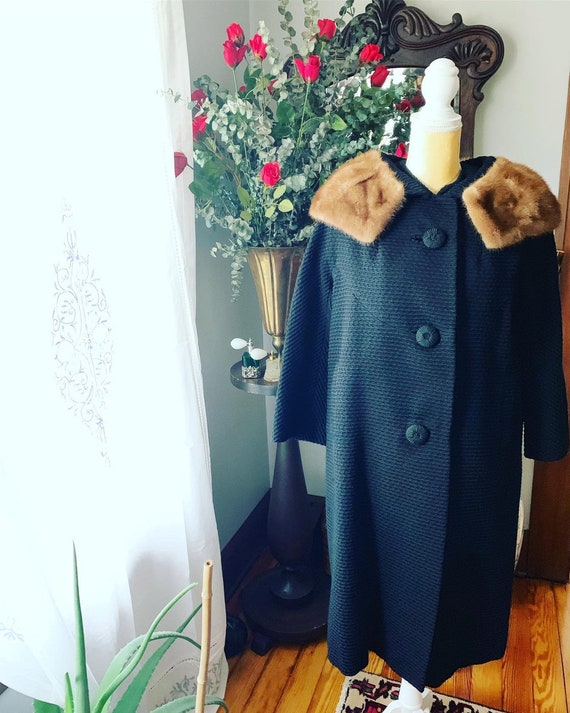50s Black Wool Coat, Mink Collar Wool Coat, Waffle