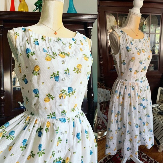 50s Dress, 50s Rose Print Dress, Yellow Blue Rose