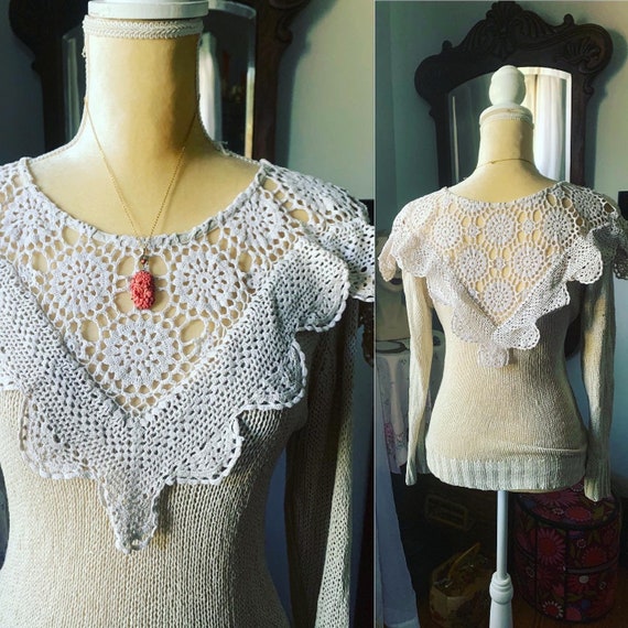 Vintage Cottagecore Sweater, Ivory Crochet Sweate… - image 1