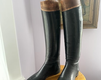 Antike Reitstiefel mit hölzernen Stiefelspannern, viktorianische Reitstiefel aus schwarzem Leder, Edwardianische Reitstiefel, Reitstiefel von Craig und Davies