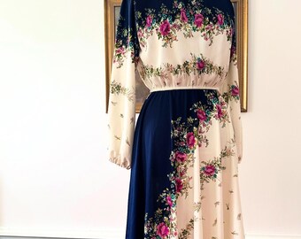 Vintage bloemenjurk, jaren 1970 lente bloemenjurk, jaren 70 bloemenjurk, marineblauwe jurk, jaren 80 lentejurk, jurk met lange mouwen, maat medium