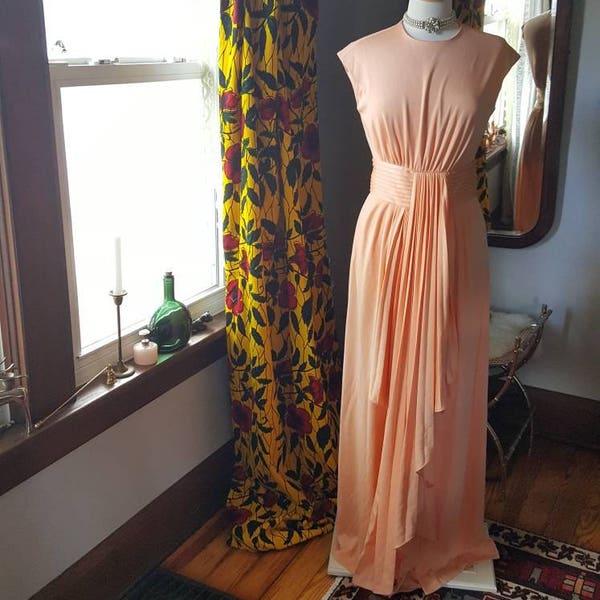 60s 60's 1960s 1970s 70s 70's Vintage Bohemian Formal Bridal Bridesmaid Dress Gown Peach Coral Grecian Elgant Wedding Medium M Rizkallah