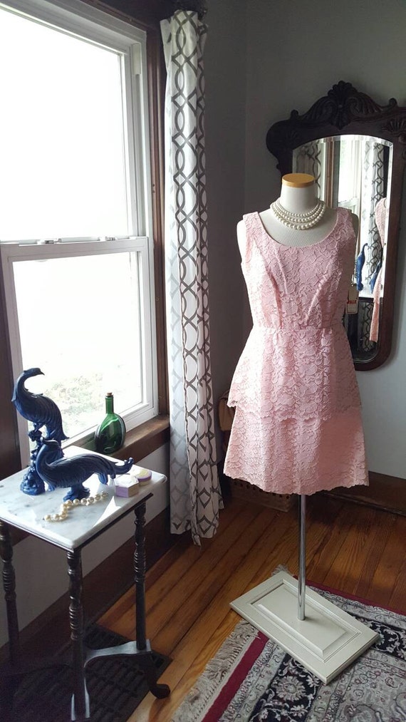 50s 60s Blush Pink Dress, Peplum Waist Dress, Size