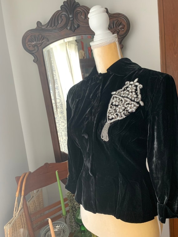 30s Black Velvet Blazer, 30s Black Velour Jacket, Glass Beaded Pocket, Fringe, Flapper Top, Size Small Blazer, Size Small Jacket, Peplum 30s Black Velvet Blazer, 30s Black Velour Jacket, Glass Beaded Pocket, Fringe, Flapper Top, Size Small Blazer, Size Small Jacket, Peplum