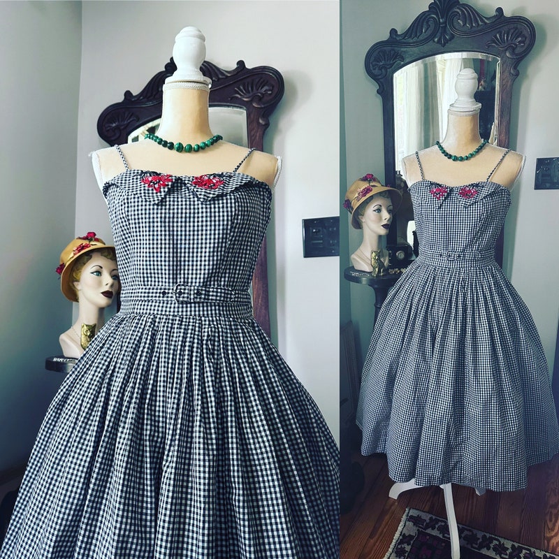 50s Blue Gingham Picnic Jumper Midi Dress - XS/S