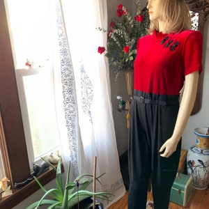 90s Red Velvet Jumpsuit, 90s Asian Inspired Romper, Vintage 40s Style Winter Pants, Size Medium Jumpsuit, Tet Pants, Black Pants, High Waist image 7