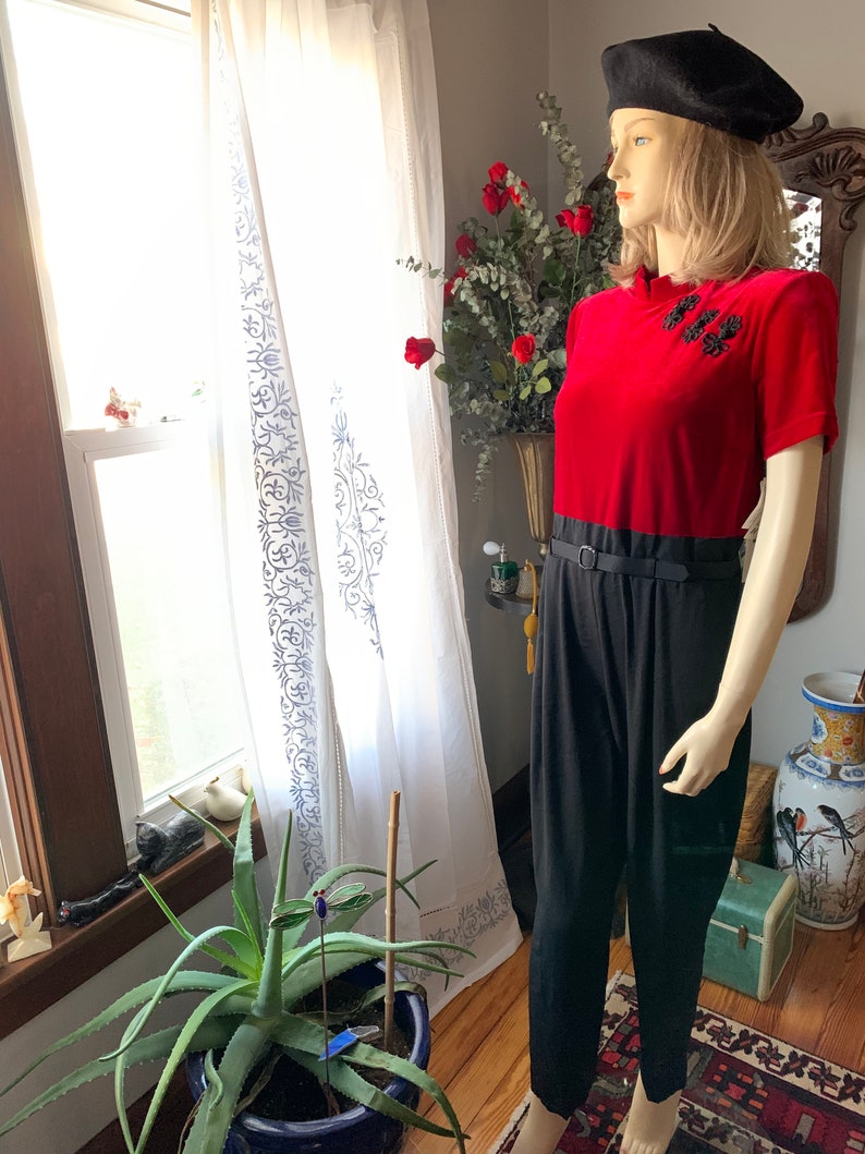 90s Red Velvet Jumpsuit, 90s Asian Inspired Romper, Vintage 40s Style Winter Pants, Size Medium Jumpsuit, Tet Pants, Black Pants, High Waist image 7