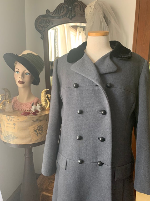 Vintage Double Breasted Grey Drop Waist Wool Coat… - image 5