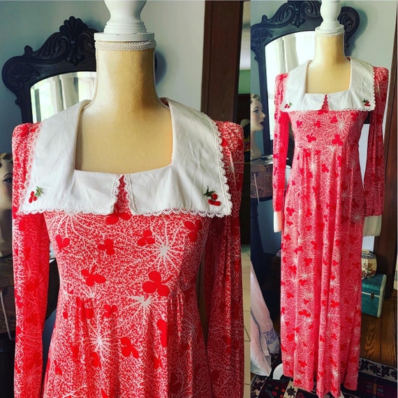 1970s Red Cherry Dress, Pyschadellic Cherry Print… - image 1