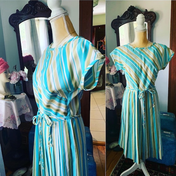 60s Blue Stripe Dress, 50s Blue Stripe Dress, Vin… - image 1