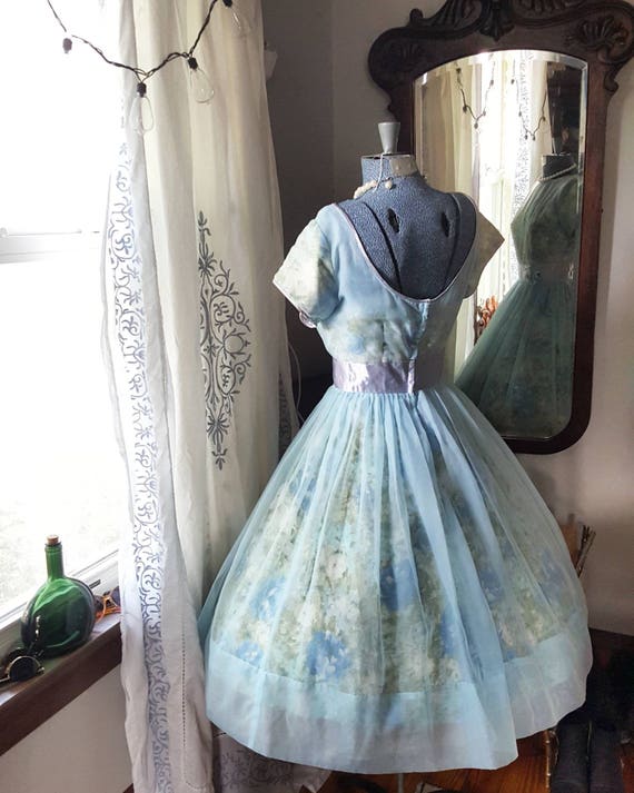 50s 50's 1950s Blue Chiffon Rose Print Dress Swee… - image 2