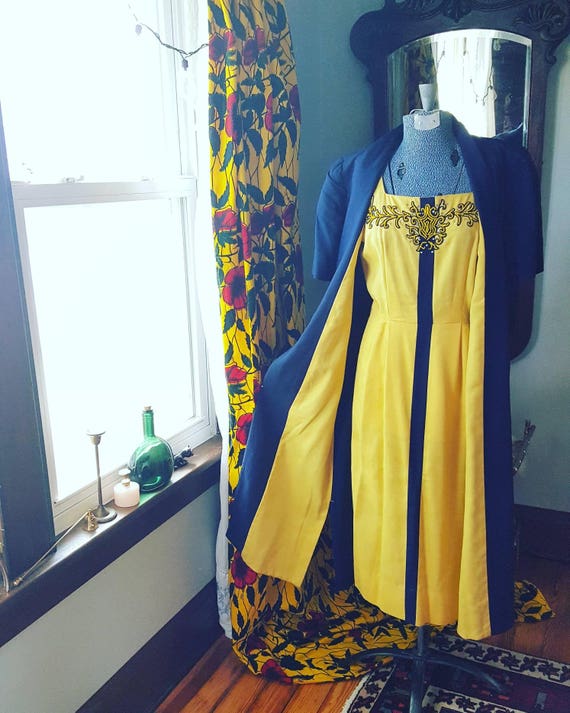 40s Vintage Yellow Navy Blue Dress Set, 50s Linen