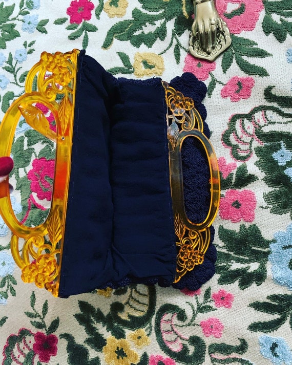 40s Blue Lucite Handle Purse, 40s Crochet Handbag… - image 3