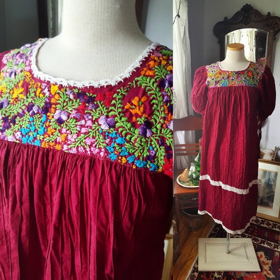 Vintage Embroidered Boho 60s Dress| 60s 70s Mexica