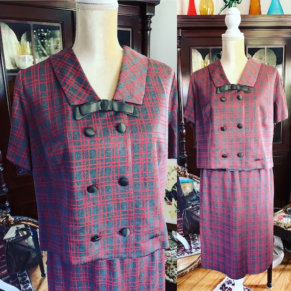 Vintage Grey Red Checked Dress Suit, 60s Dress Sui