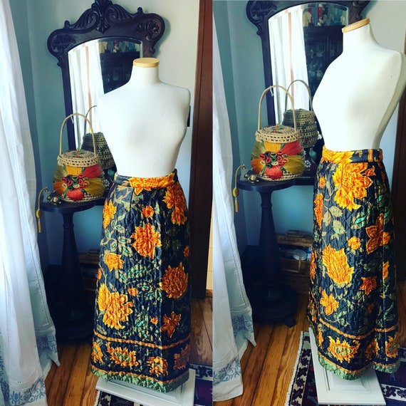 70s Quilted Autumnal Orange Skirt, Vintage Quilted