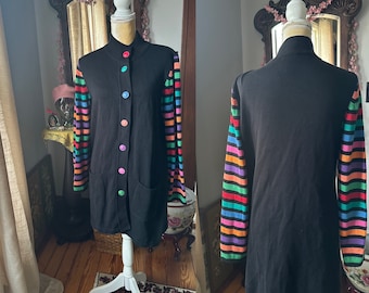 Vintage Rainbow Striped Cardigan, Bob Mackie Wearable Art, Designer Bob Mackie Sweater, Size Medium, Art Teacher Sweater, Funky Cardigan