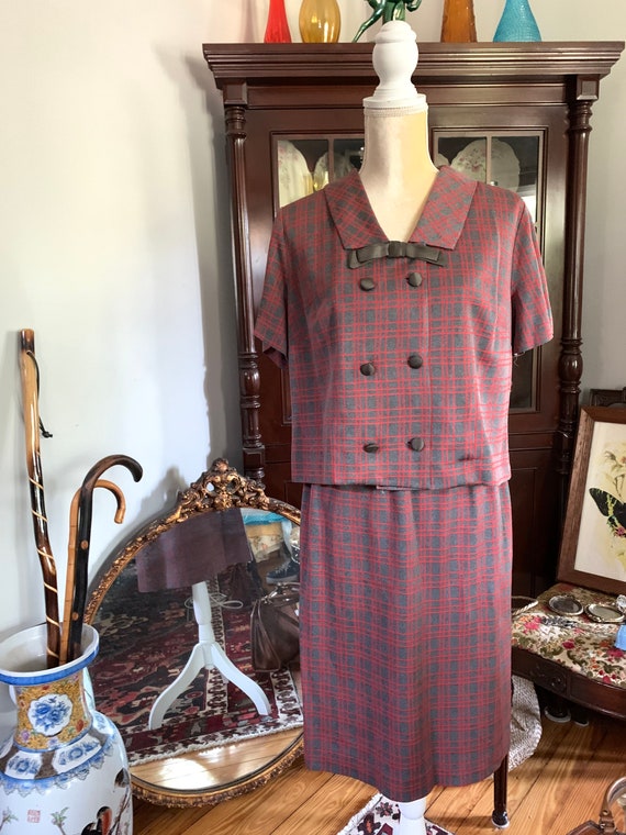 Vintage Grey Red Checked Dress Suit, 60s Dress Su… - image 8