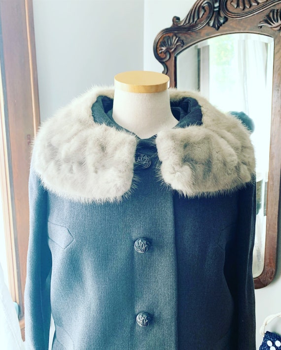 1950s Grey Silver Mink Collar Coat, 60s Grey Box … - image 2