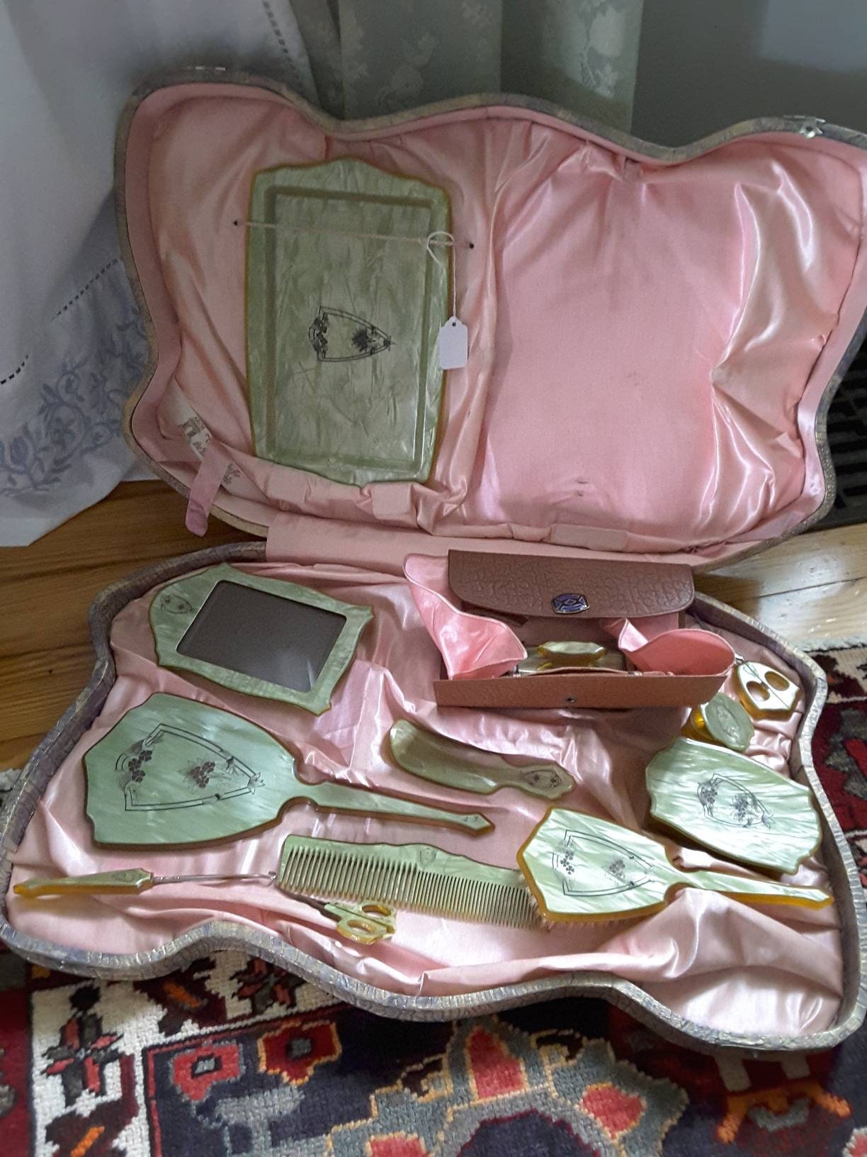 1940s Vanity Case, Green Celluloid Vanity Set, 40s Vanity 