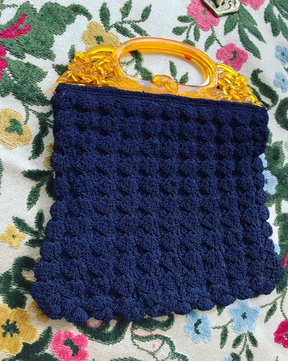 40s Blue Lucite Handle Purse, 40s Crochet Handbag… - image 6