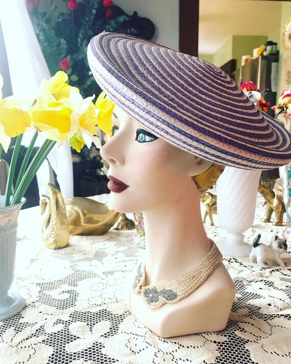 60s Purple Beret Hat, 60s Style Raffia Straw Tam,
