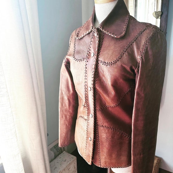 1970s Tan Patchwork Leather Jacket, 70s Brown Lea… - image 6