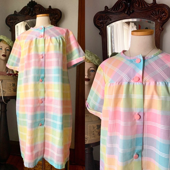 Vintage Pastel Plaid Rainbow Nightgown House Coat,