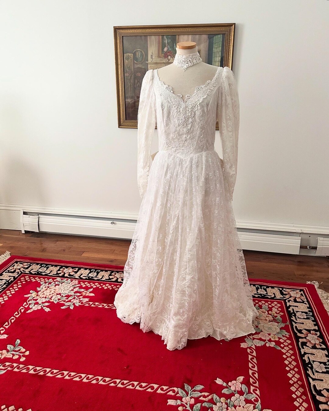 80’s Lace Pearl Halter Drop Waist Wedding Dress by Jessica Mcclintock main image 1