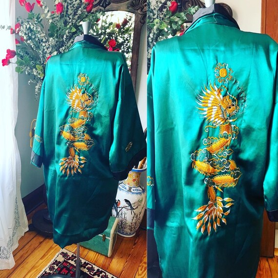 Vintage Green Asian Robe, Vintage Green Kimono, Go