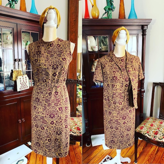 50s Linen Dress, Mustard and Wine Linen Dress, 60… - image 1