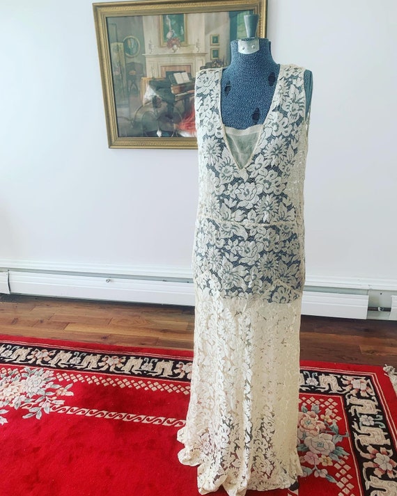1930s Ivory Lace Wedding Dress, 1920s Ecru Silk L… - image 5