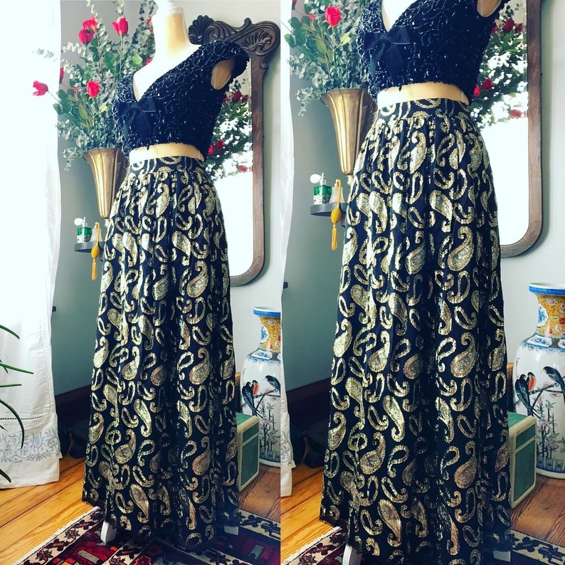 Vintage Metallic Skirt, Vintage Long High Waist Skirt, Long Formal Skirt, Gold Skirt, Shimmer Skirt, Size Small Skirt, Silver Metallic image 1