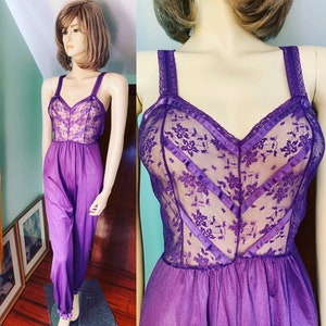 Vintage Purple Lingerie, Vintage Boudoir, Vintage Sleepwear, 60s Lingerie, Onesie, Romper, Pajama Pants, Size Medium