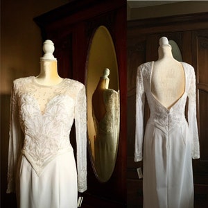 80s White Beaded Dress, Vintage Wedding Dress, Flapper Style Dress, Beaded Low Back Dress, White Wedding Gown, Size 8 Dress