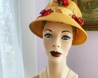Vintage Red Rose Hat, 1950s Yellow Hat, 50s Yellow Hat, 60s Straw Hat, Three Dimensional Red Roses Hat, Vintage Yellow Hat With Red Roses