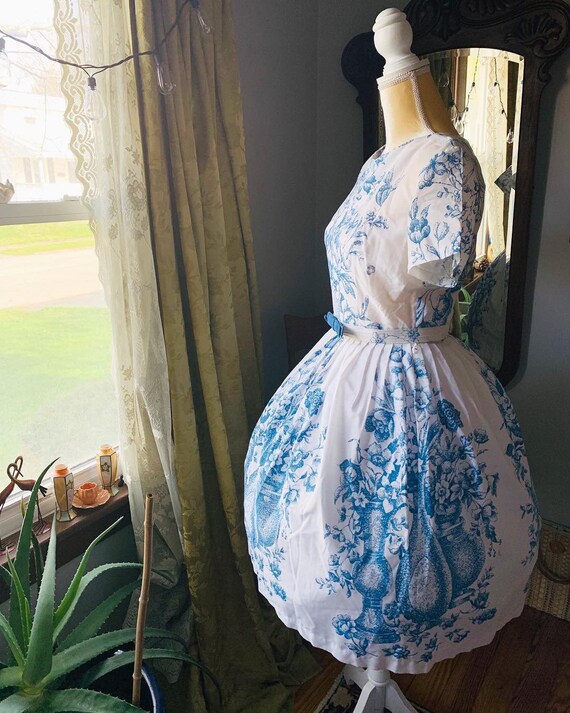 50s Toile Dress, 50s Blue Toile Dress, 50s Spring