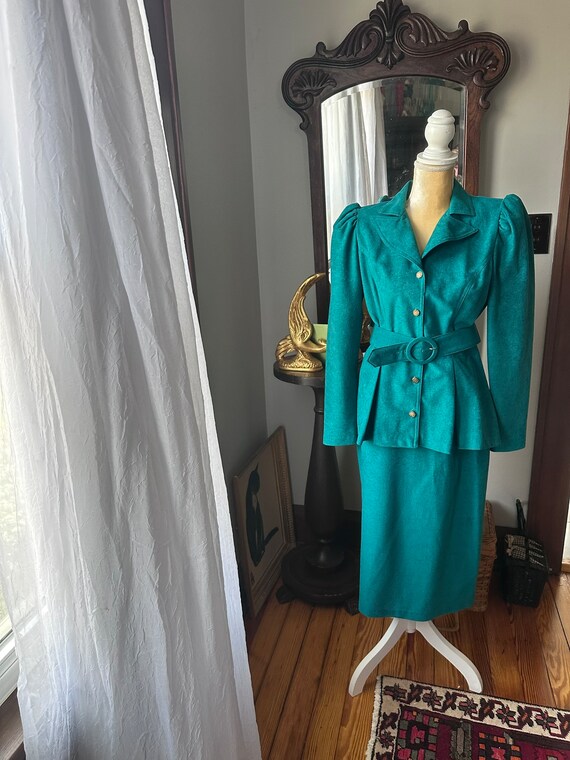 80s Teal Green Business Suit, 1980s Sabino Micros… - image 4