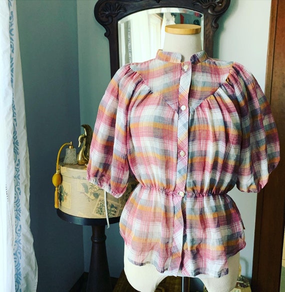 Vintage Plaid Prairie Blouse, 70s Plaid Blouse, V… - image 1