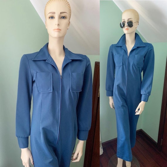 70s Blue Jumpsuit, 70s Size Medium Jumpsuit, 70s … - image 1