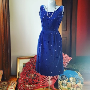 50s Midnight Blue Velvet Rhinestone Studded Wiggle Dress, Jerry Gilden 50s Size Small Wiggle Dress, Diamond Studded Wiggle Dress, 50s Blue
