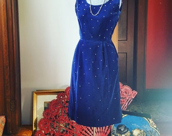 50s Midnight Blue Velvet Rhinestone Studded Wiggle Dress, Jerry Gilden 50s Size Small Wiggle Dress, Diamond Studded Wiggle Dress, 50s Blue