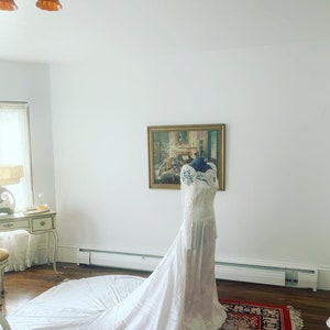 Vintage Wedding Dress, 1980s Wedding Dress, 80s Wedding Dress, Lace Sleeves Wedding Gown, Size Medium Wedding Dress, White Satin Wedding