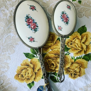 Vintage Guilloche Rose Mirror Brush Set, Ornate Vanity Mirror Set, Vintage Vanity Brush Set, Pink Guilloche Rose Gold Plated, Gift For Her