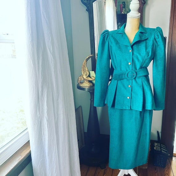 80s Teal Green Business Suit, 1980s Sabino Micros… - image 8